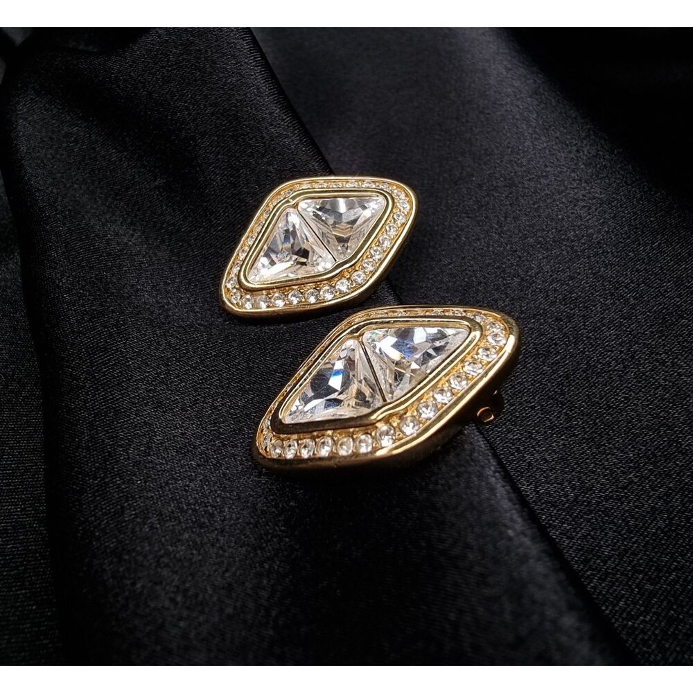 Vintage Swarovski 1980s - 1990s Clip-On Earrings With Clear Crystals & Gold-Tone - Picture 6 of 8